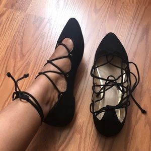 Black Lace Up Pointed Toe Flats